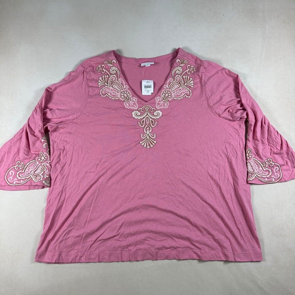 J. Jill Embroidered V-Neck Top Womens 2X Rouge Pink Cotton Tencel 3/4 Sleeve NWT